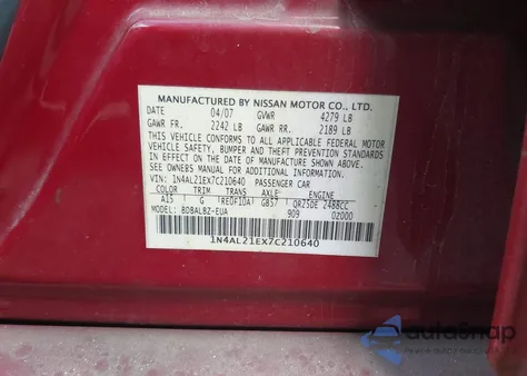 2007 Nissan Altima 2.5 S z USA, uszkodzony, nr VIN 1N4AL21EX7C210640